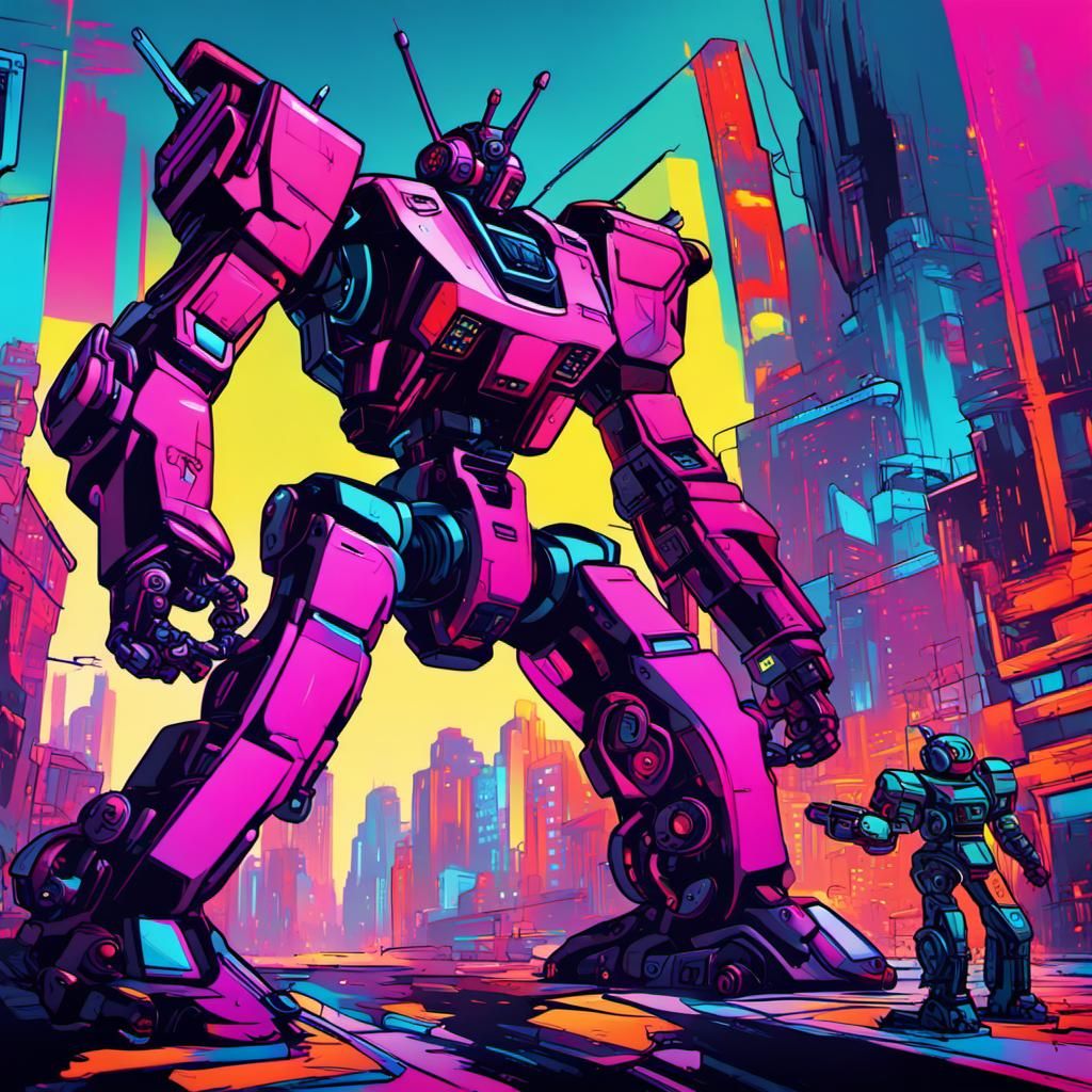 Mecha Battle in Neon Cityscape: Pop Art Style