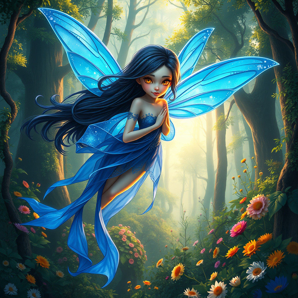 Ethereal Fairy with Blue Wings in Forest, Fantasy Art