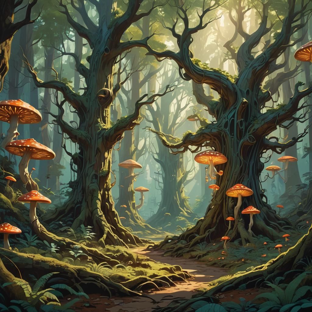 Mystical Glowing Forest in Dreamlike Landscape