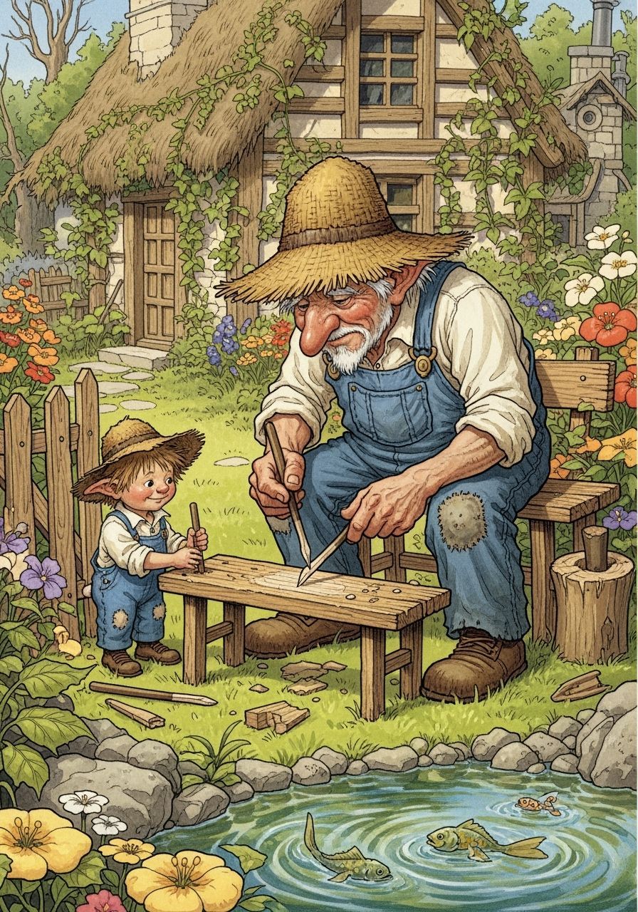 Goblin Farmer and Grandson Crafting a Bench