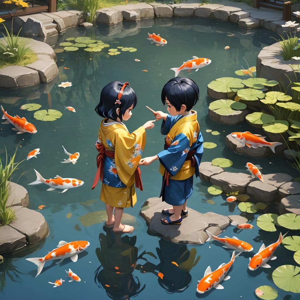 Children in Kimonos Watching Koi, 3D Anime Art