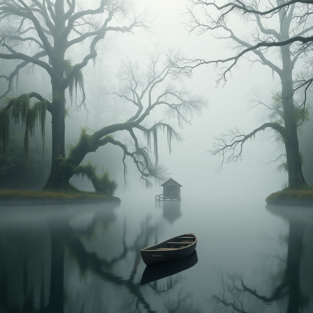 Misty Lake Scene with Boat and Trees