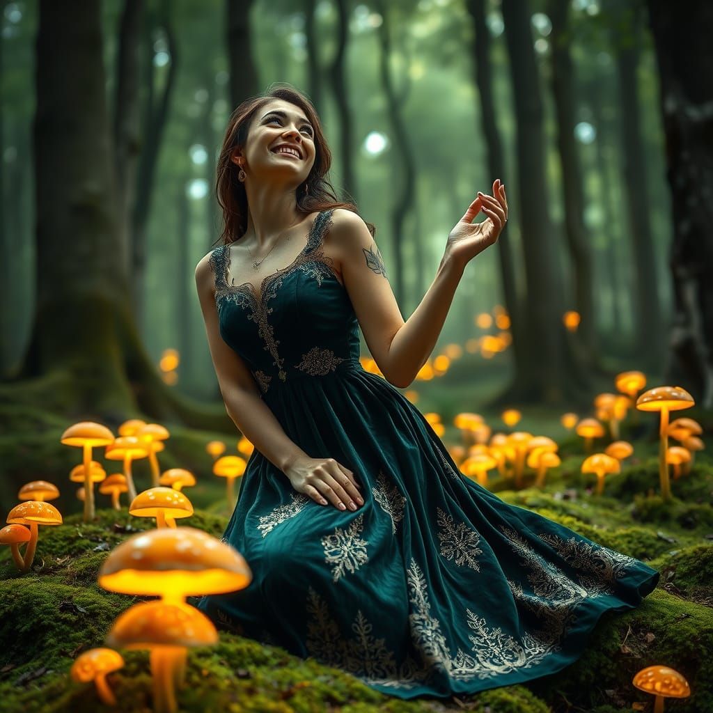 Whimsical Woman in Enchanted Forest