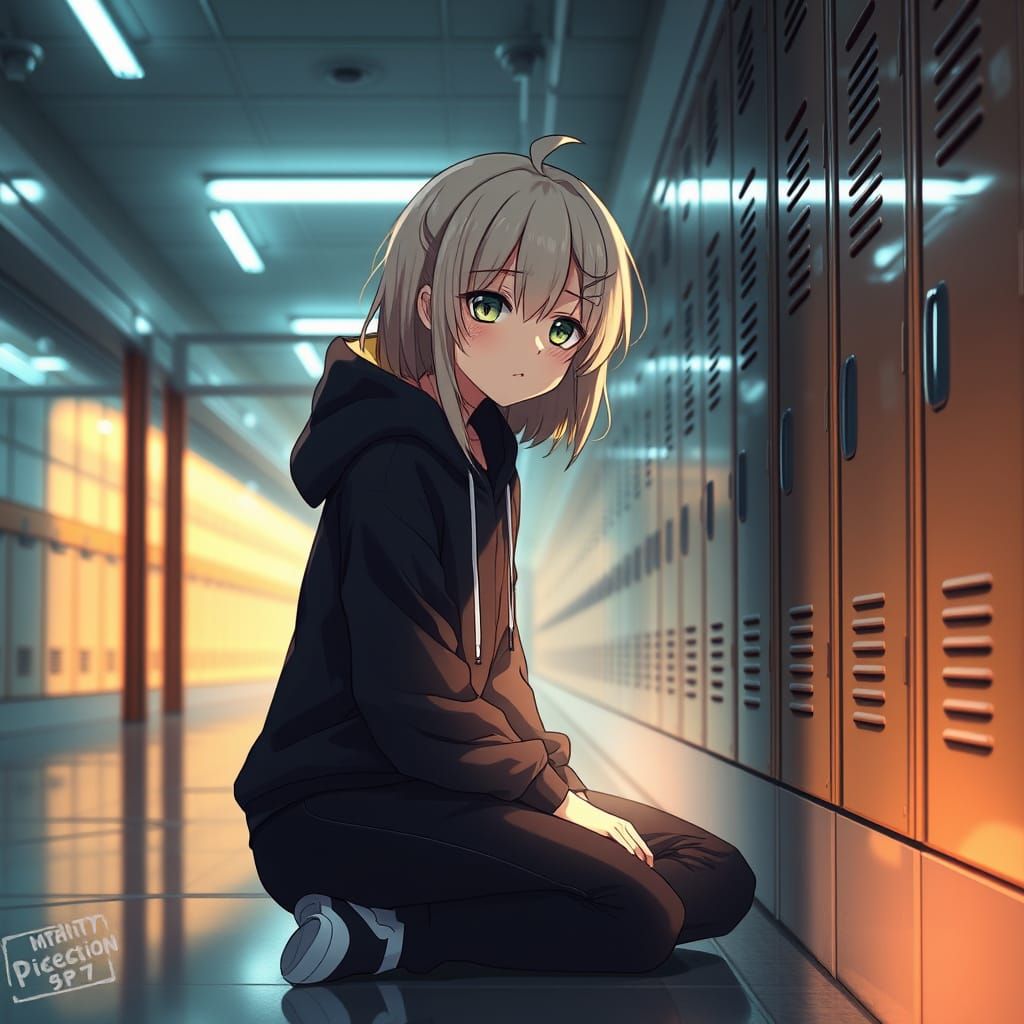 Crying Anime Girl in School Hallway in 3D Art Style