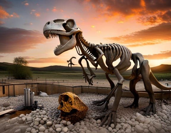 T-Rex Dinosaur Skeleton Found at the Archaeological Dig Site and Assembled