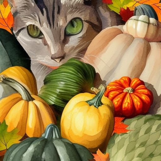 Tabby Cat Peekaboo in Gouache Style Autumn Scene