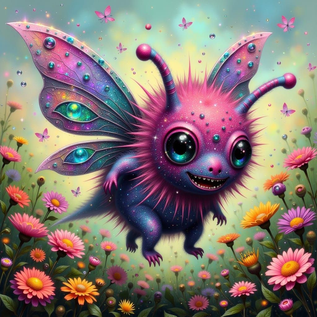 Whimsical Fairy Punk Fae Berry Monster in Vibrant Meadow