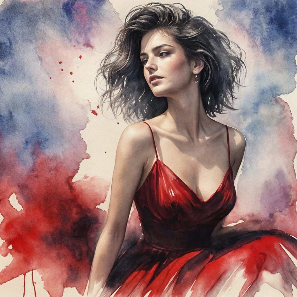 watercolour painting beautiful woman in a red dress