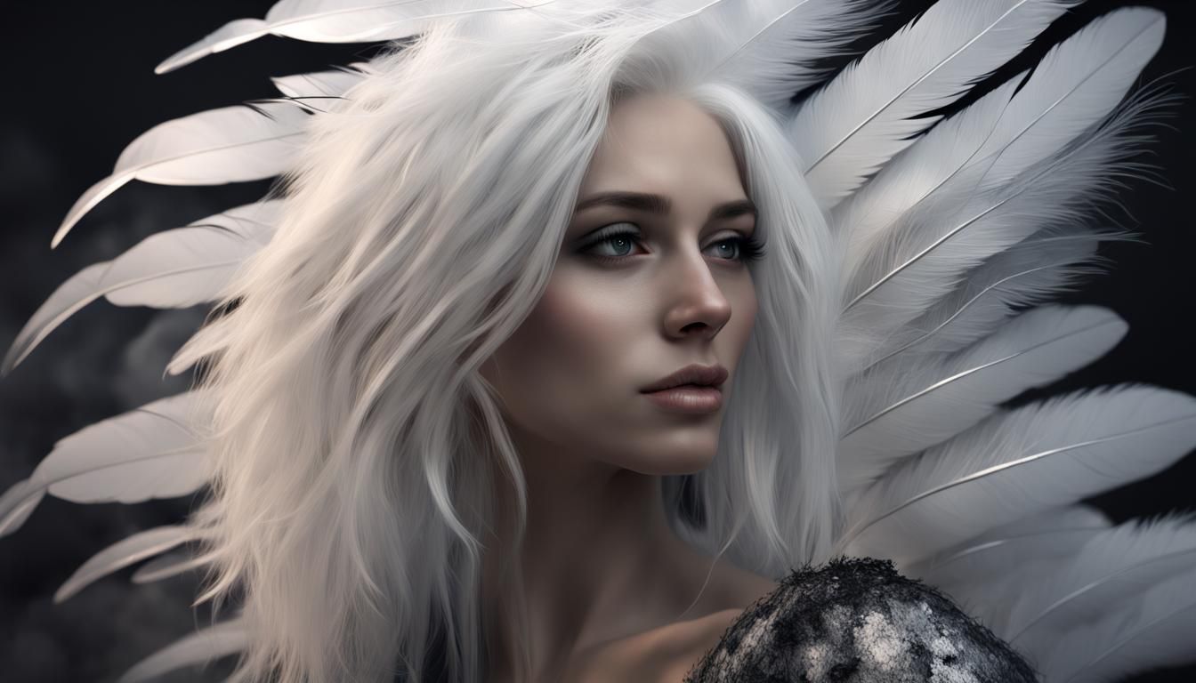 Ethereal Woman Portrait with Feathers in Digital Painting