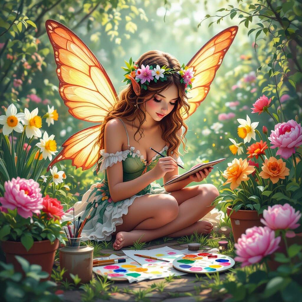 Hyperreal Fairy Painting in Lush Garden