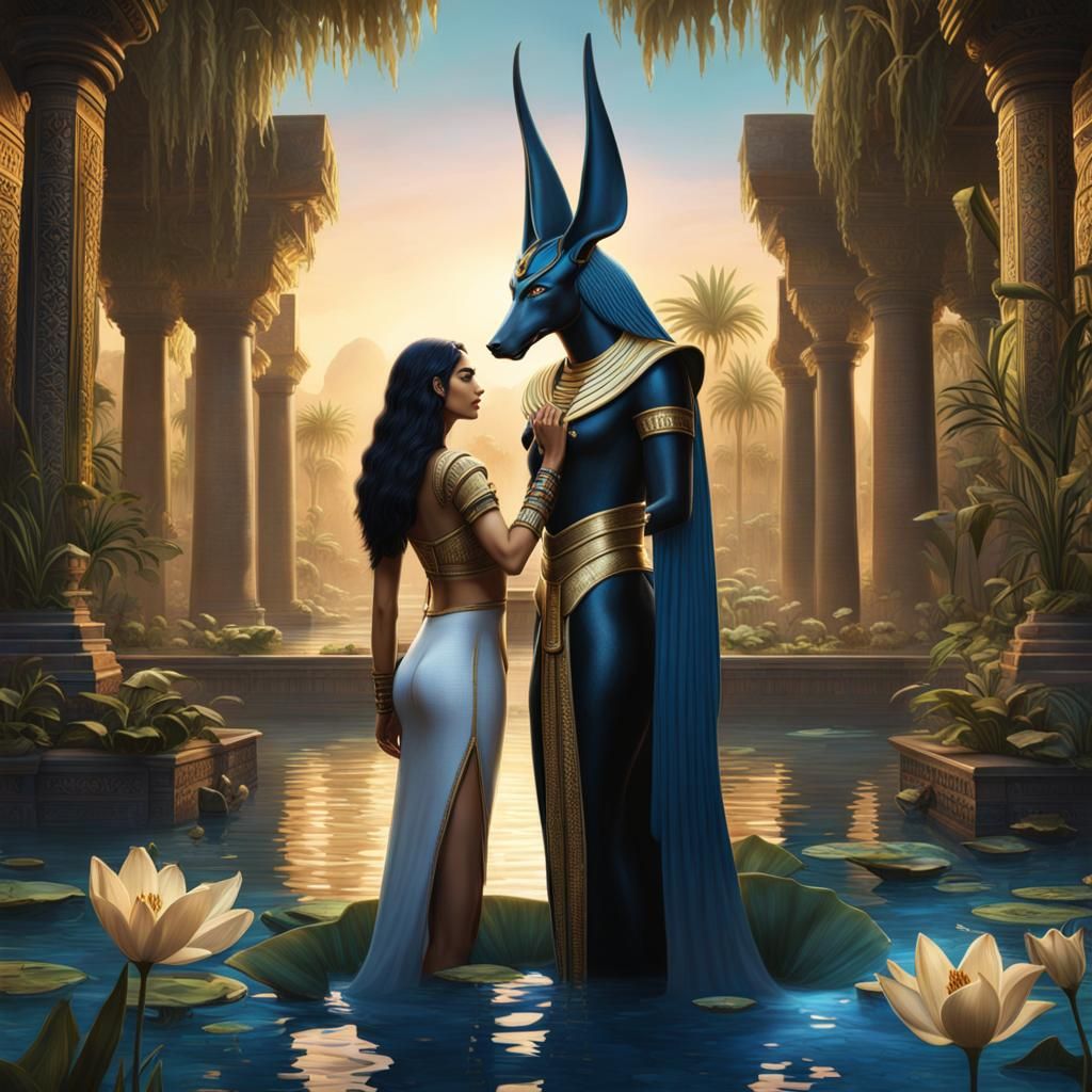 Anubis Embraces Woman in Lily Pond: Fantasy Art