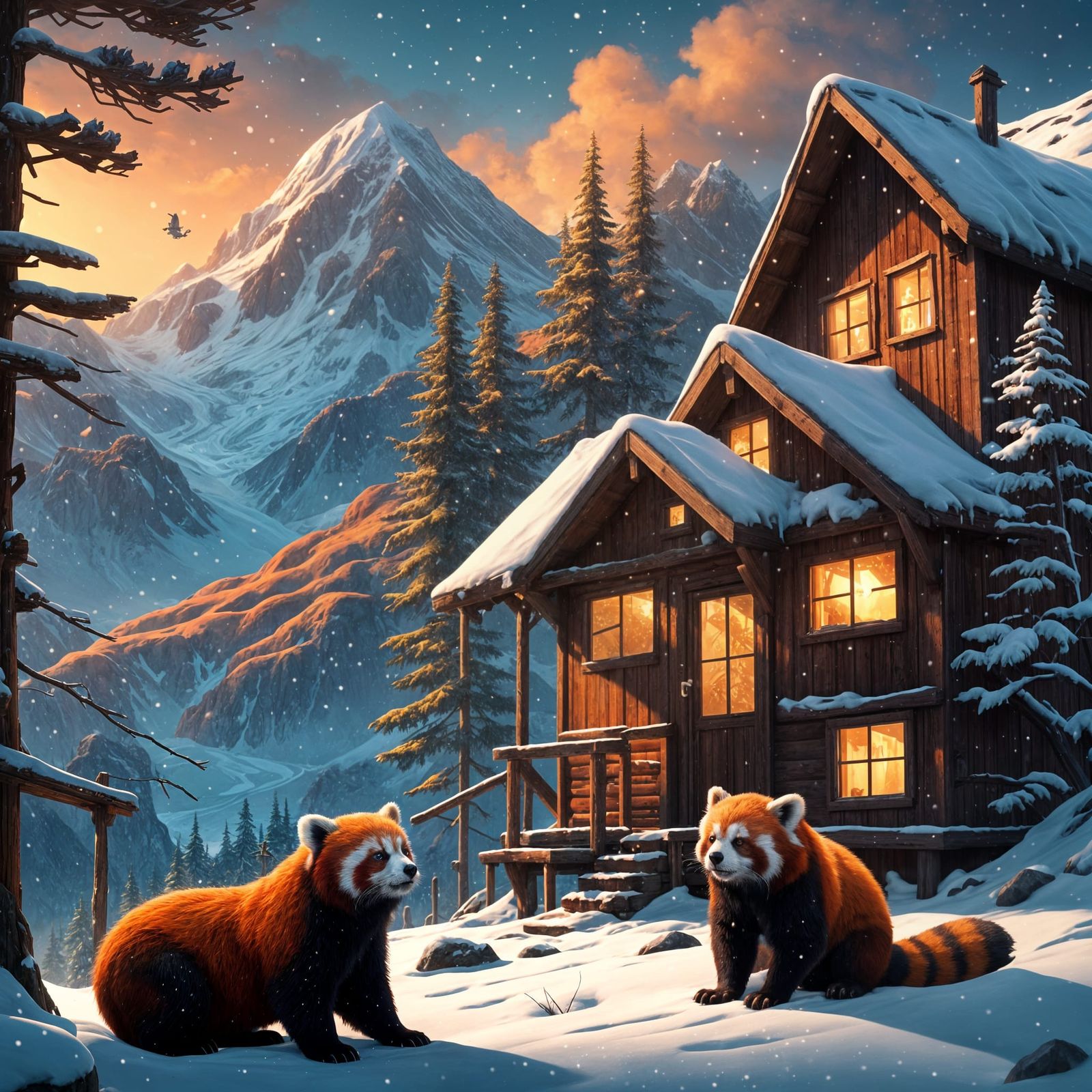 Red Pandas by Snowy Cabin, Detailed Matte Painting