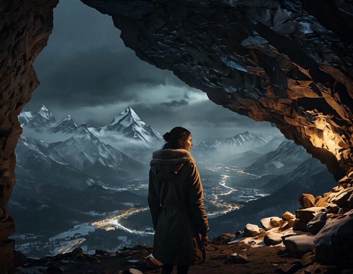 Snowy Mountain View from Cave at Night