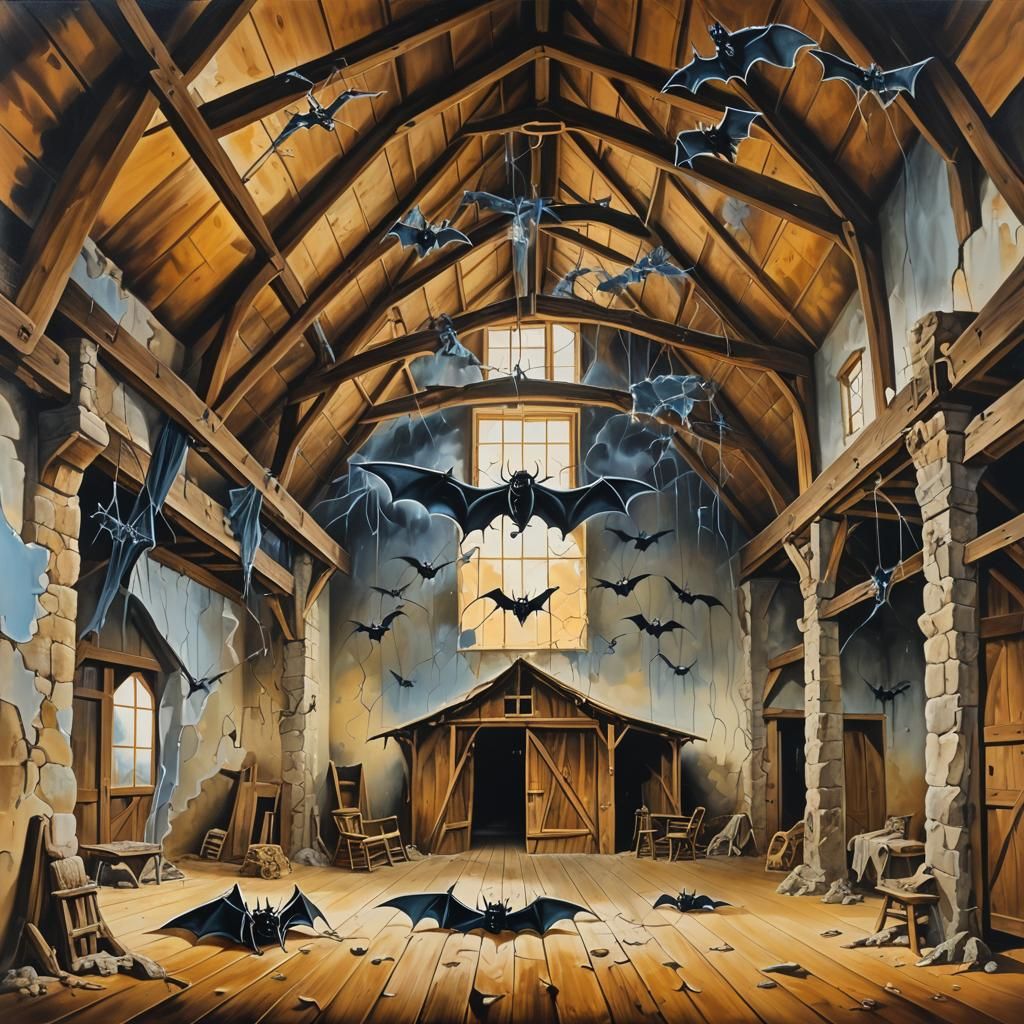 Bats in Barn: Surrealist Oil Painting