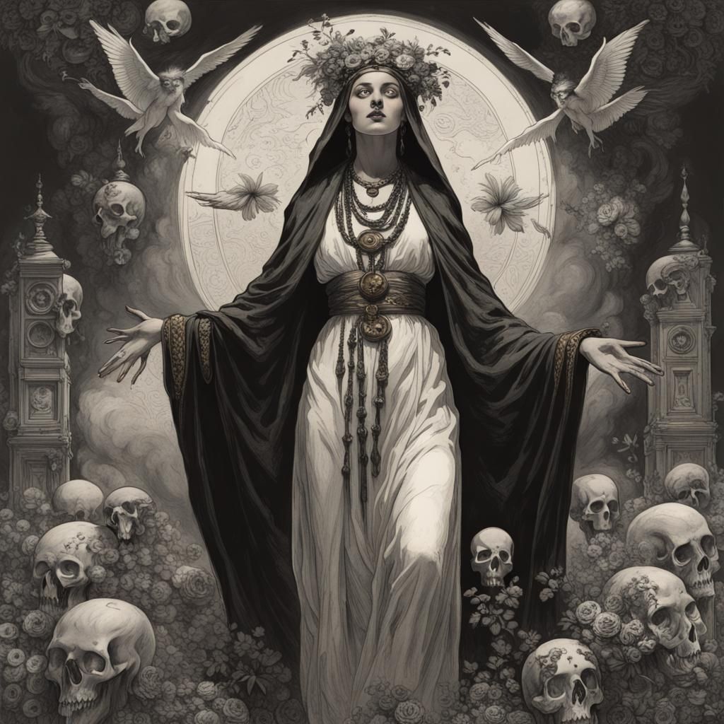 Priestess Levitating Over Arcane Symbols: Engraving