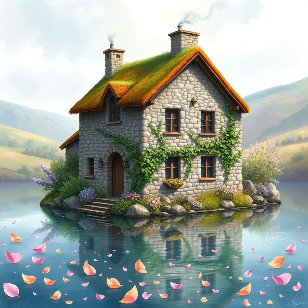 Whimsical Watercolor Cottage Scene Overlooking Serene Lake