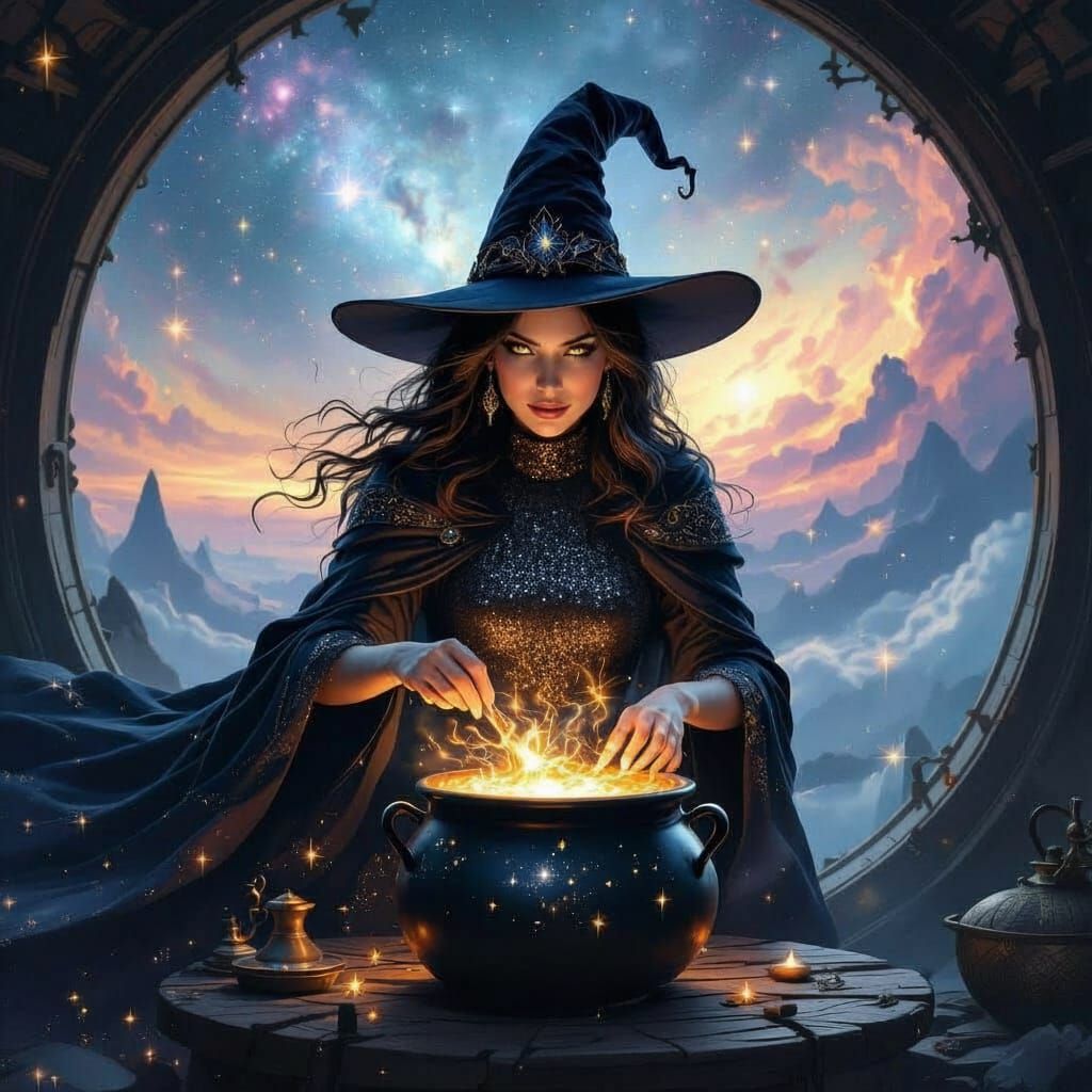 Whimsical Witch Brewing Starlight Potion in Cosmic Observato...