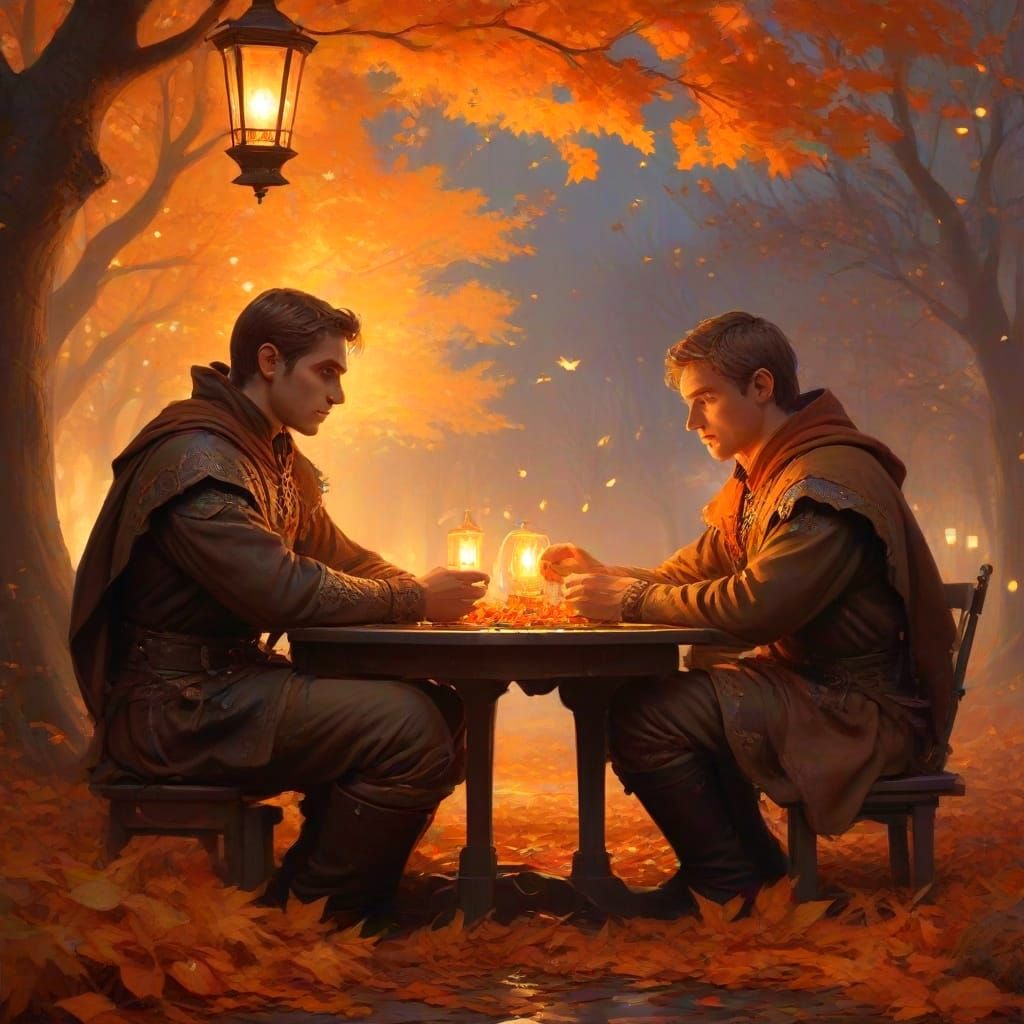 Two Elven Men on an Autumn Date, in Fantasy Art Style