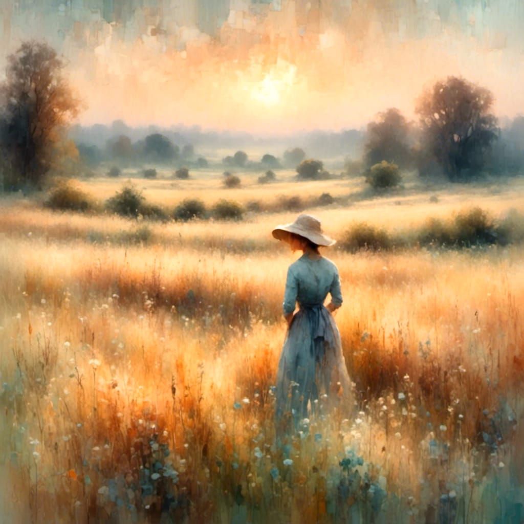 Woman in Sunlit Field: Impressionist Watercolour Painting