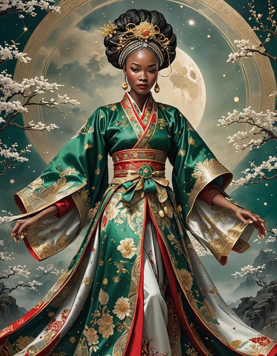 African Woman in Chinese Hanfu, Ink and Watercolor