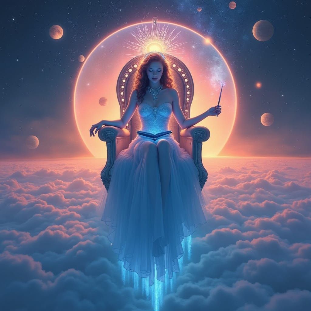 Celestial High Priestess Reigns Above a Flat Earth in a Drea...