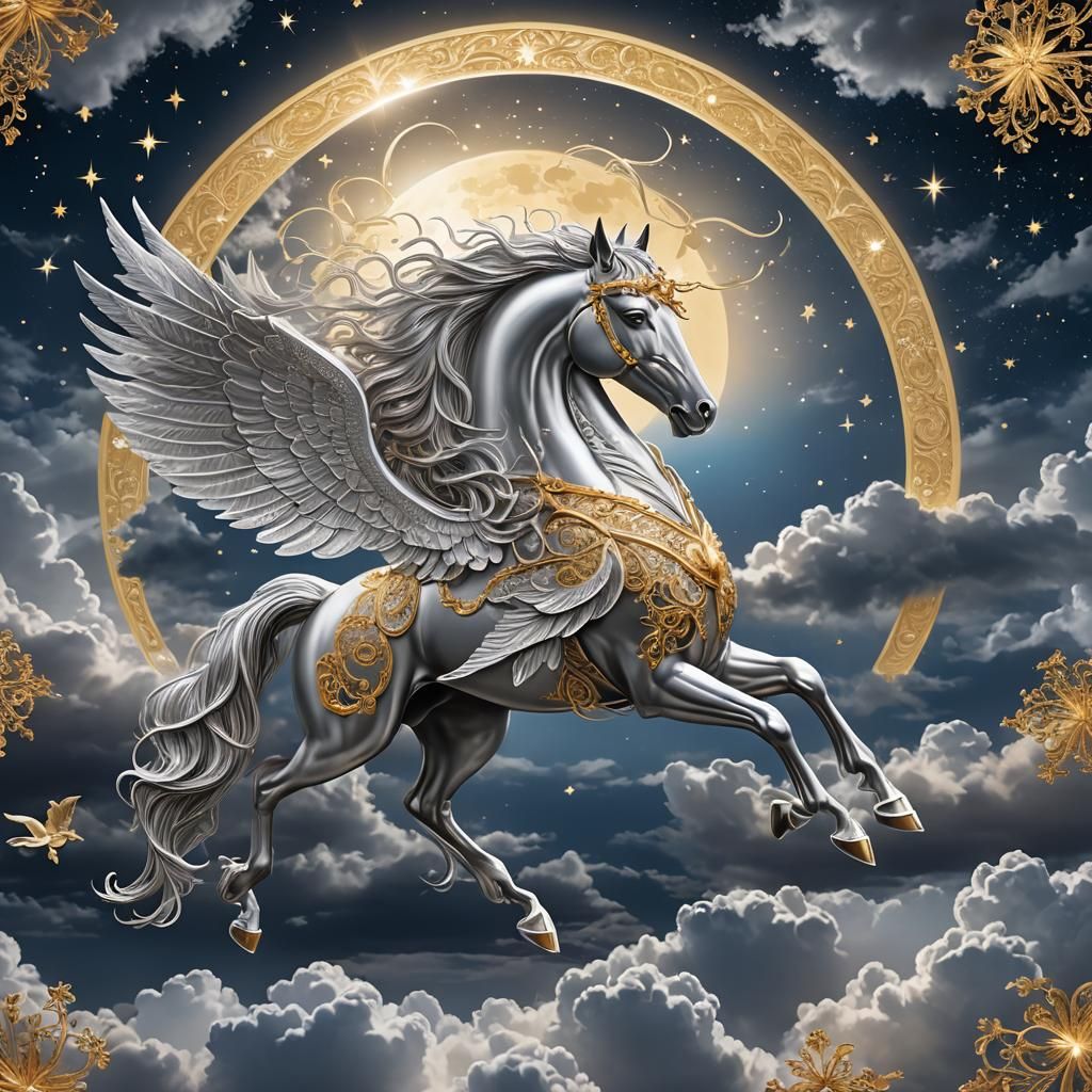 Celestial Silver and Gold Pegasus in Flight