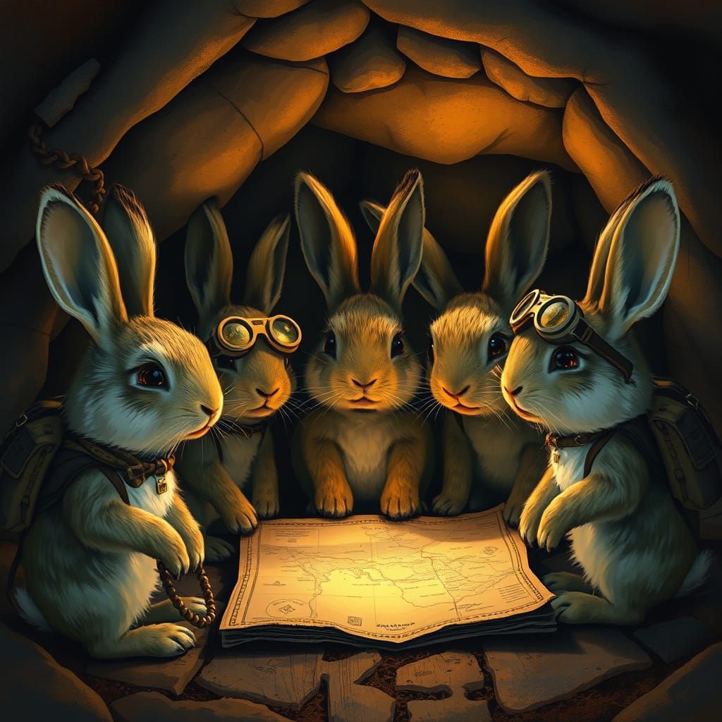 Rabbits Explore Ancient Map in Cozy Burrow