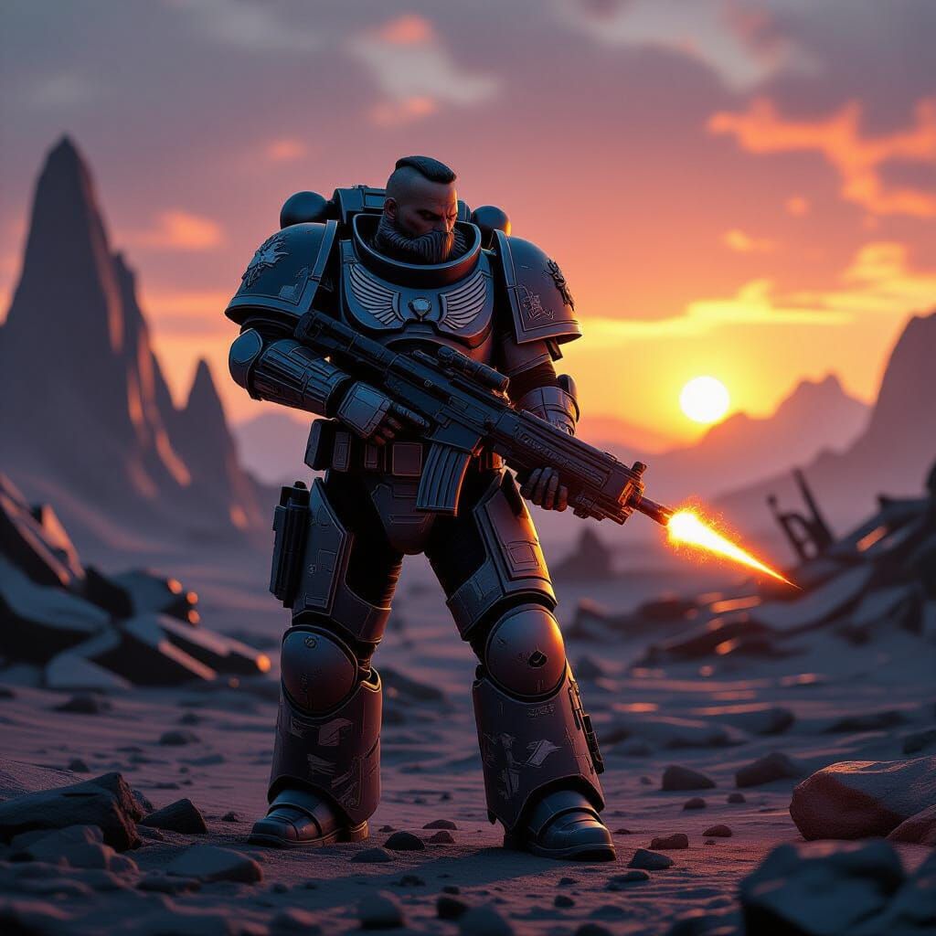 Space Marine on Alien World Under Binary Sunset