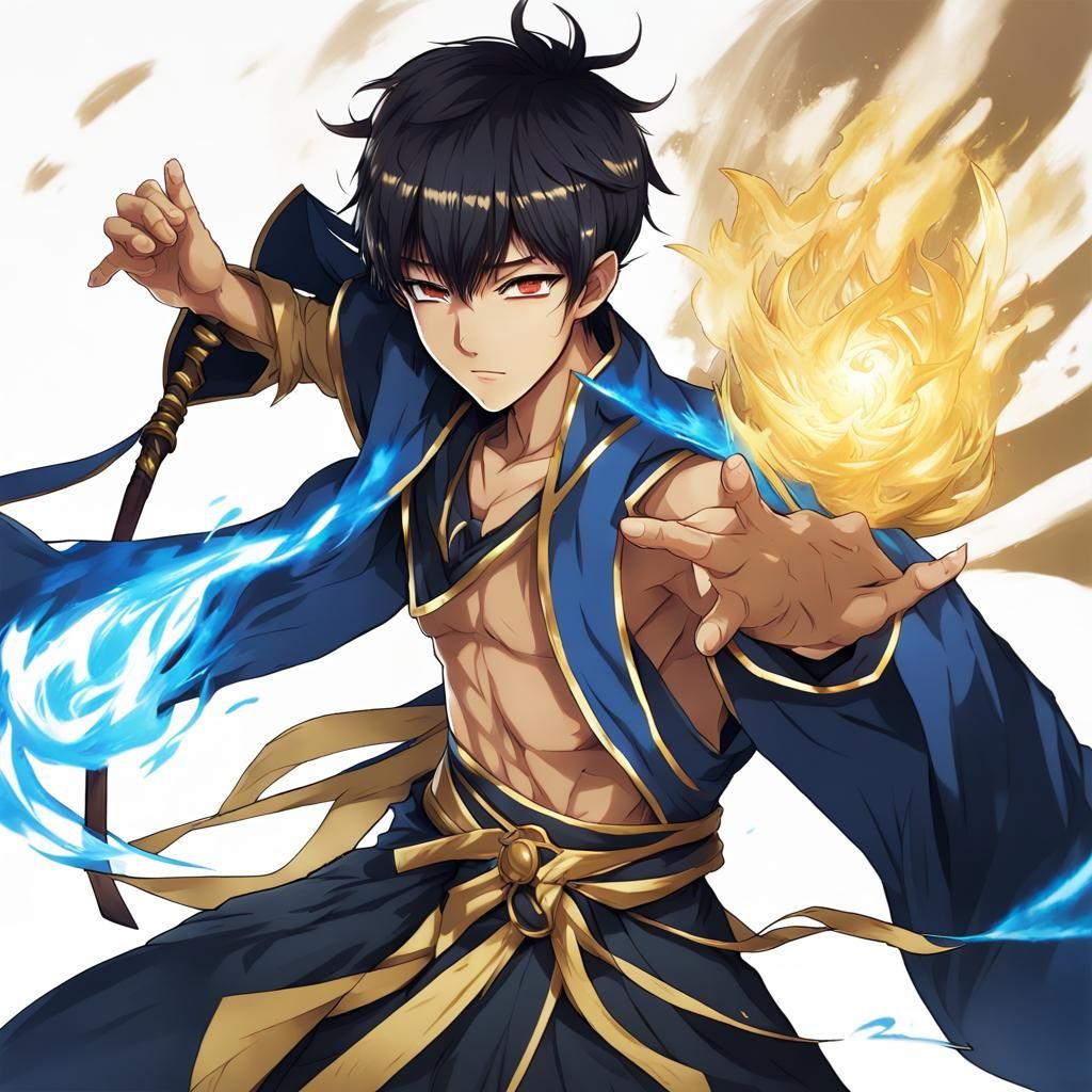 Anime Battle Mage with Spirits in Gold and Blue