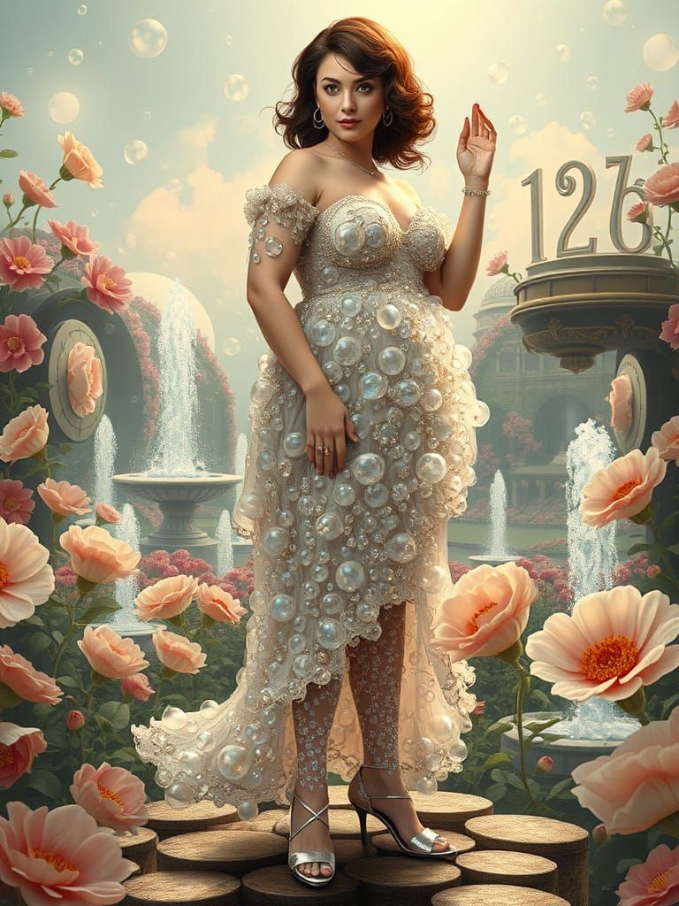 Woman in Bubble Dress in Surreal Art Nouveau Garden