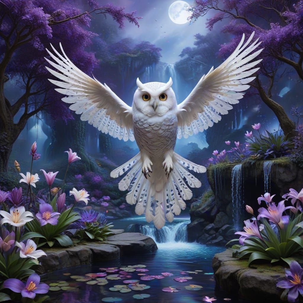 Whimsical White-Lace-Owl in Dreamy Fantasy Landscape