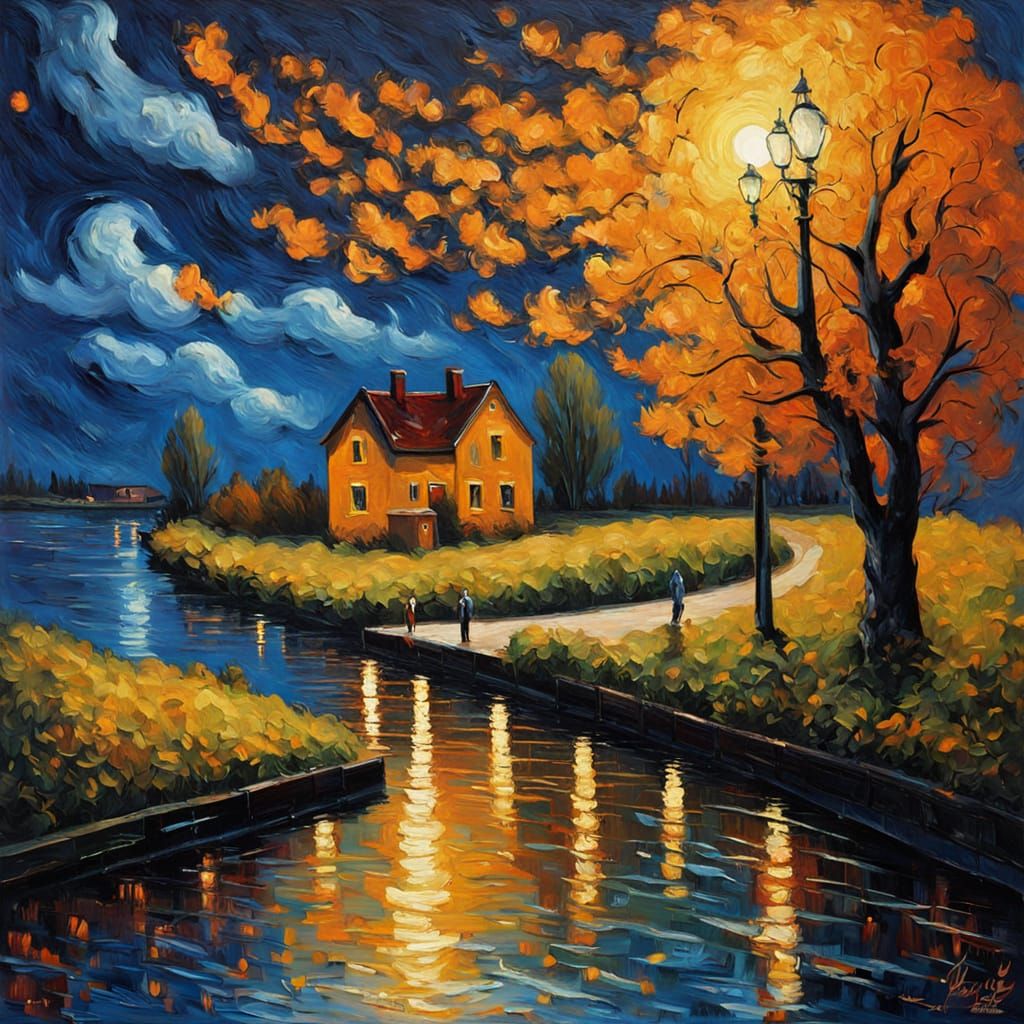 Vibrant Van Gogh Style Night Sky Over Rural Canal