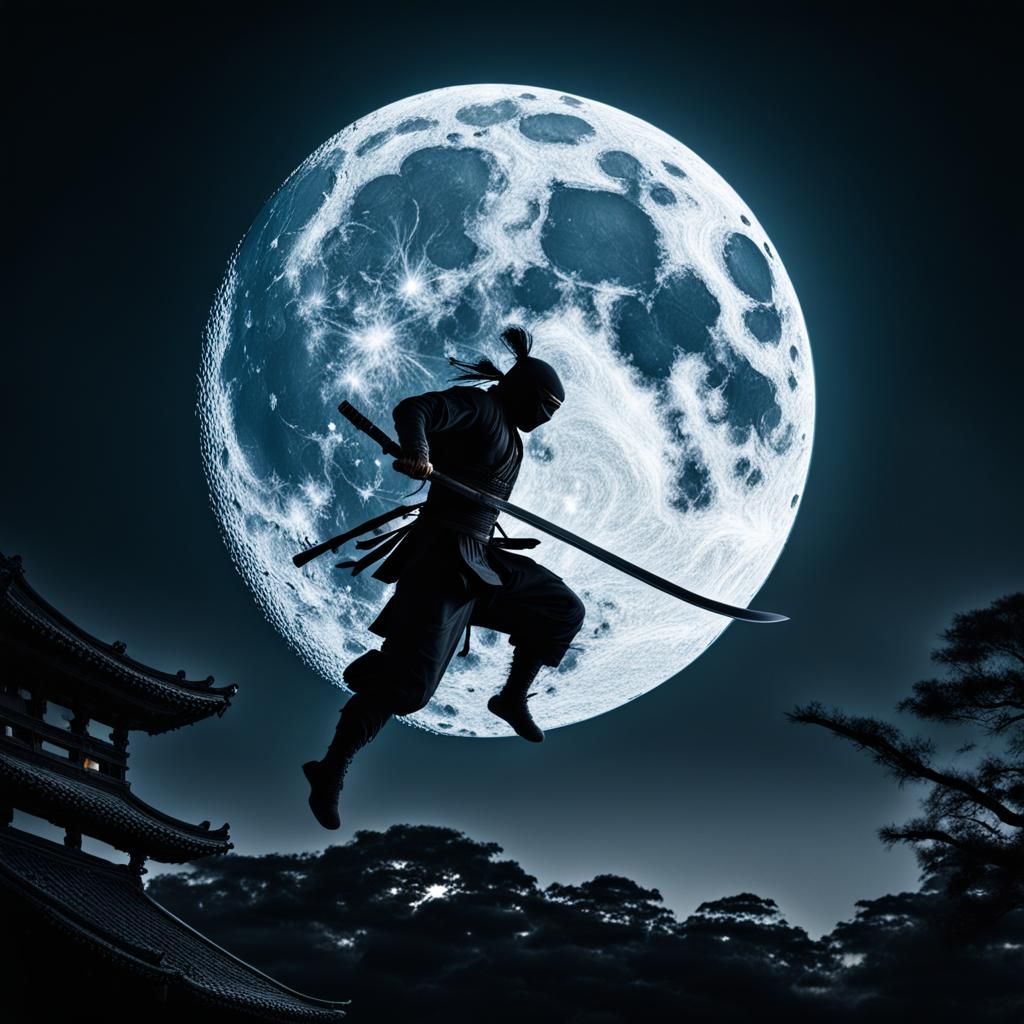 Ninja Silhouette Slices Moon with Katana in Hyperrealistic S...