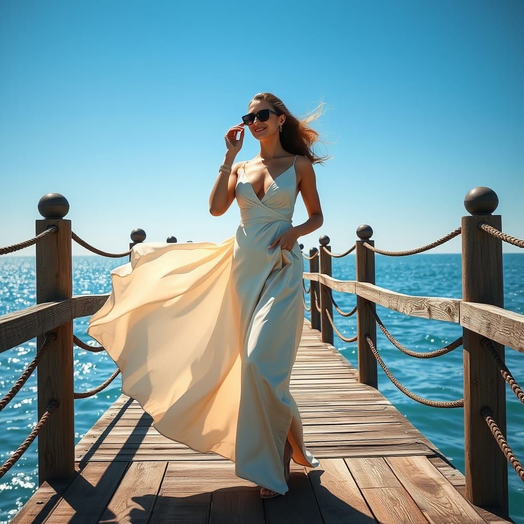 Elegant Woman on Pier in Art Nouveau Style