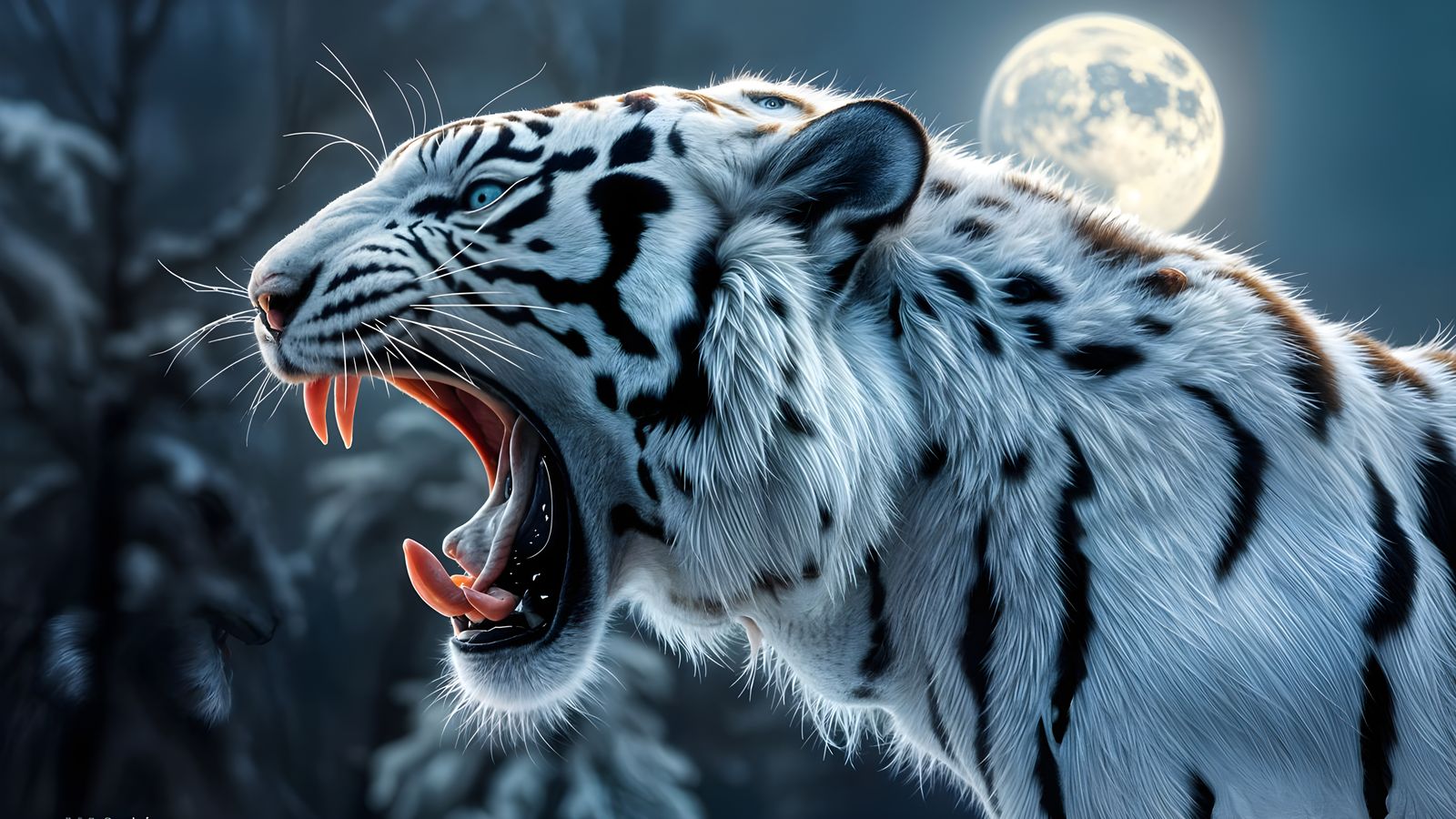 Majestic White Tiger Roars Under Moonlight in Stunning Vecto...