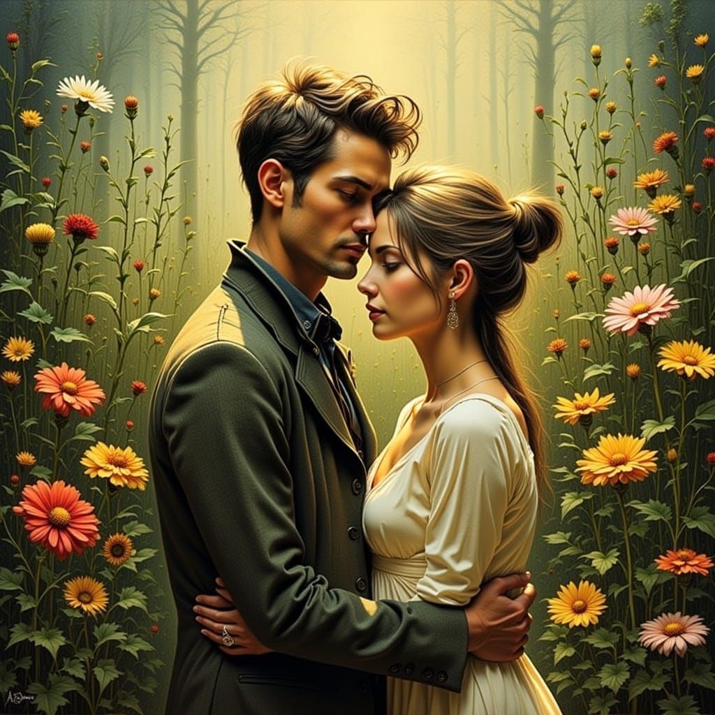 Warmly Lit Couple in Serene Natural Setting