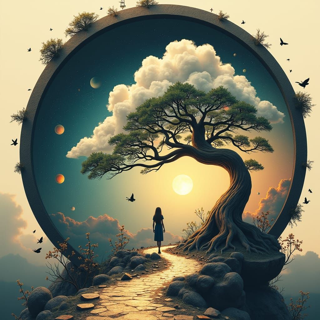 Surreal Stargate Scene with Bonsai and Cottages