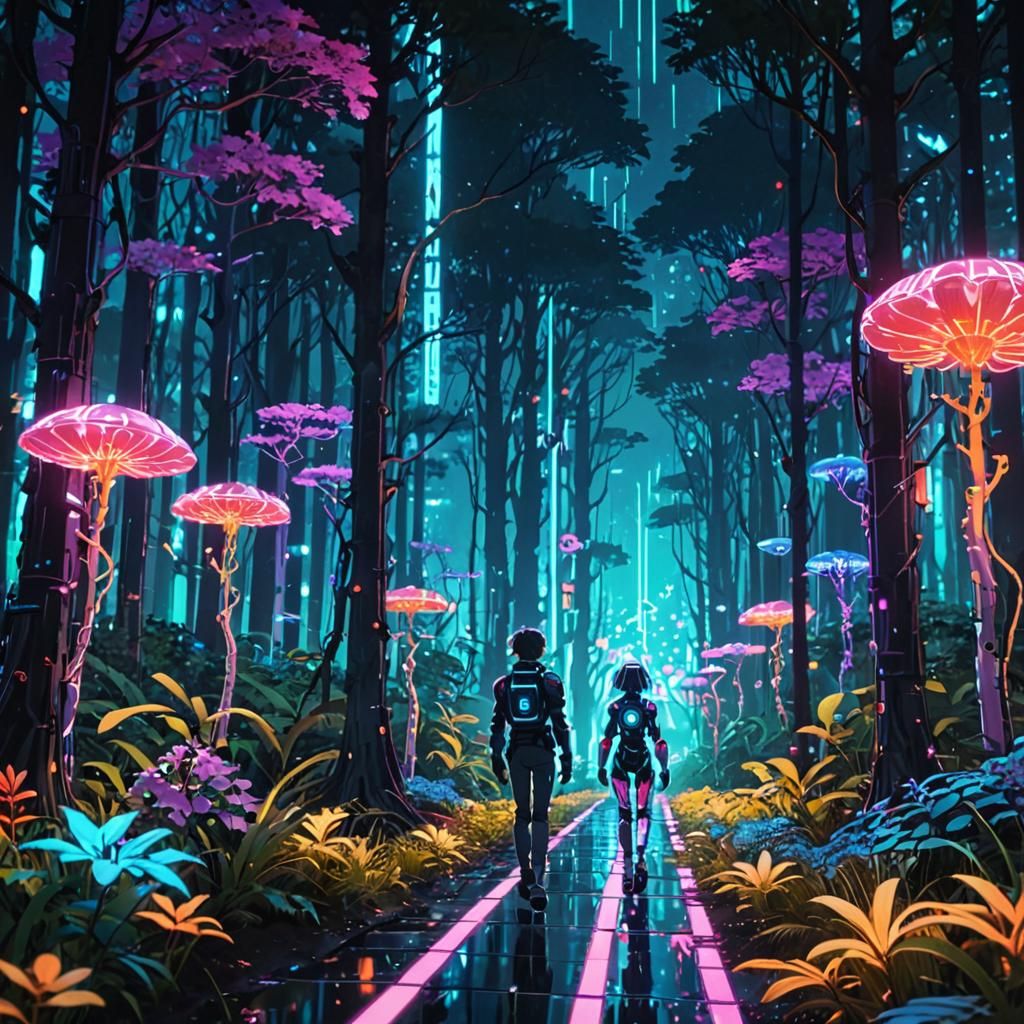 Lush Bioluminescent Forest in Futuristic Anime Style