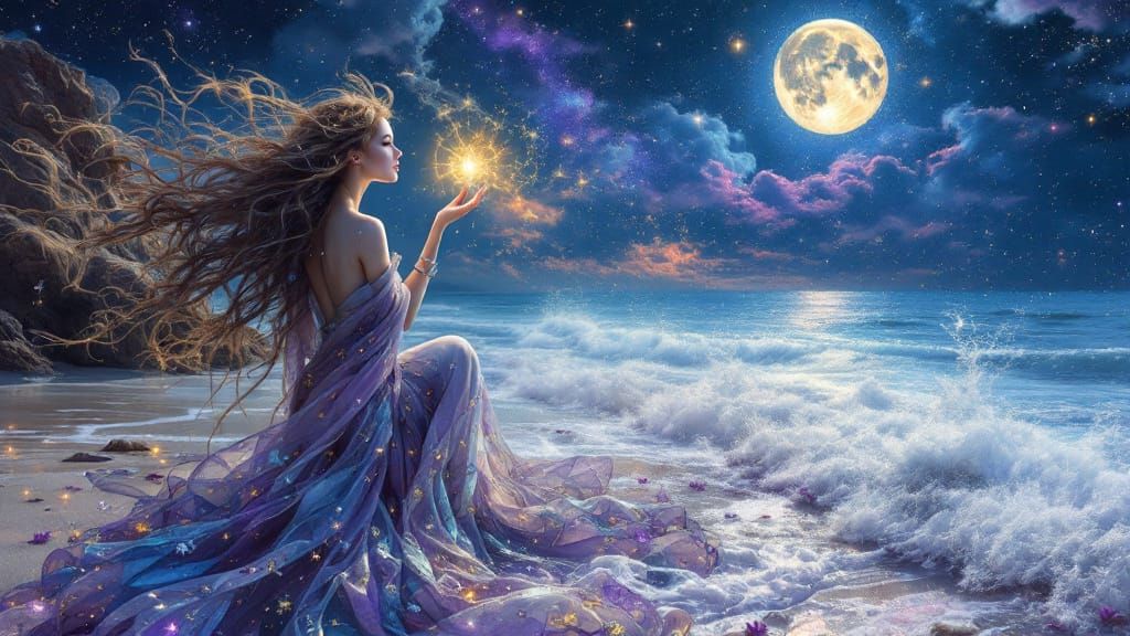 Woman Shaking Dreams on a Surreal Beach