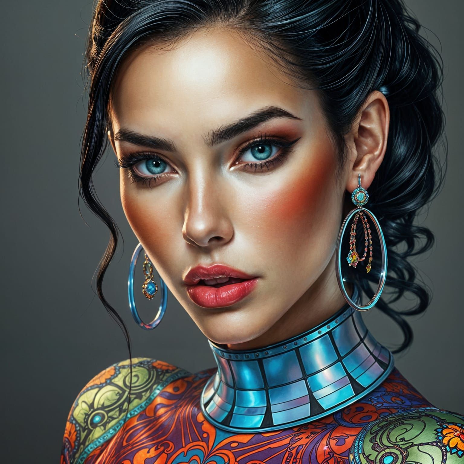 Hyperrealistic Woman in Futuristic Jewelry, Comic Book Art