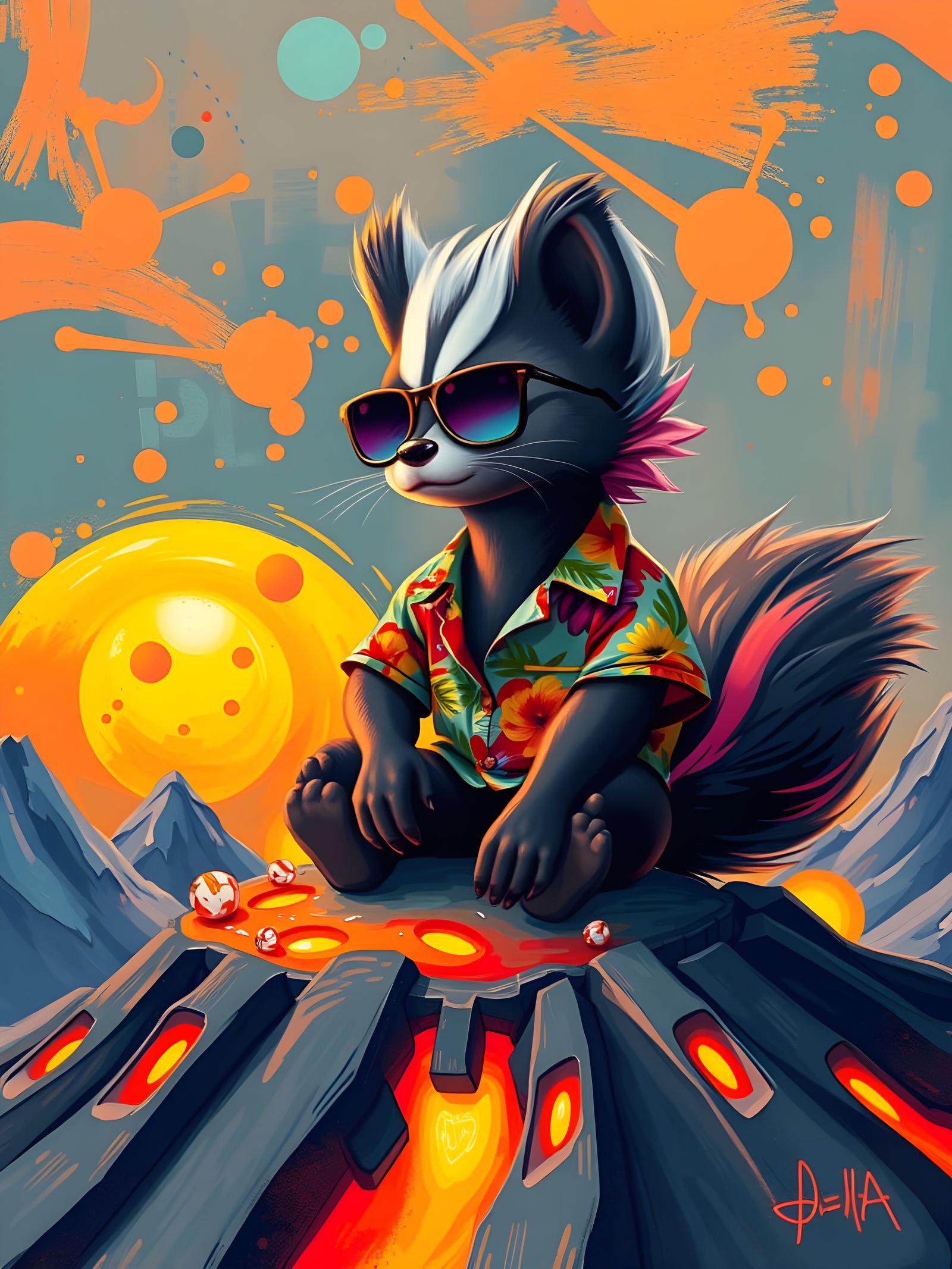Skunk Contemplates a Volcano in Space Art Style