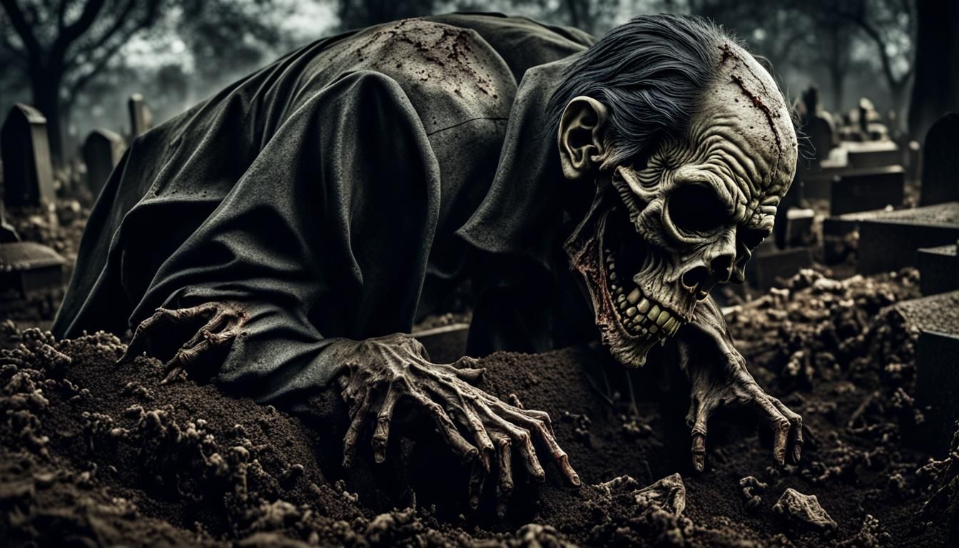 Hyperrealistic Zombie Emerges from Grave in Dark Cemetery