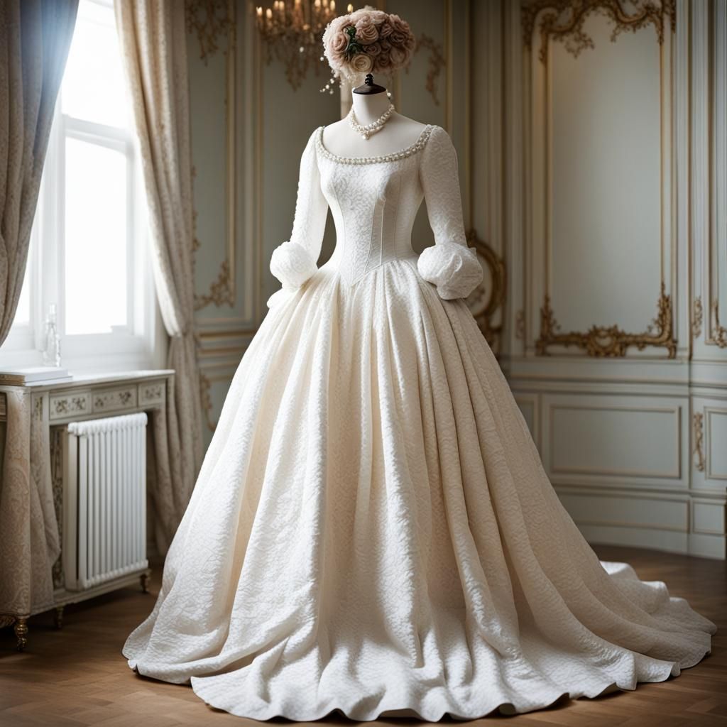 Rococo White Dress with Pearls on Dress Form