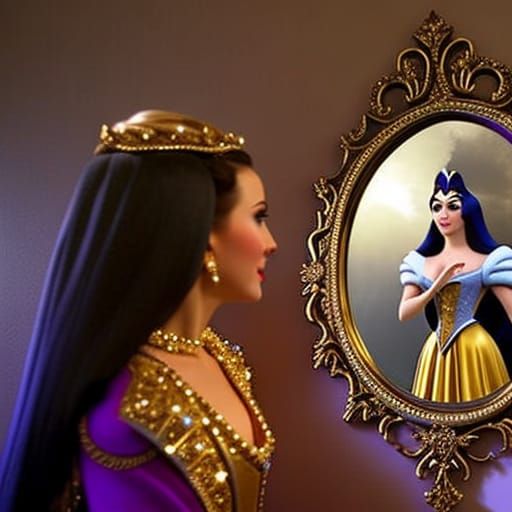 Evil Queen Grimhilde and Snow White in Mirror