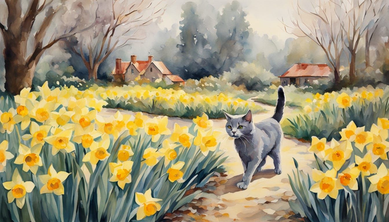 Whimsical Watercolor Garden Scene with Grey Cat