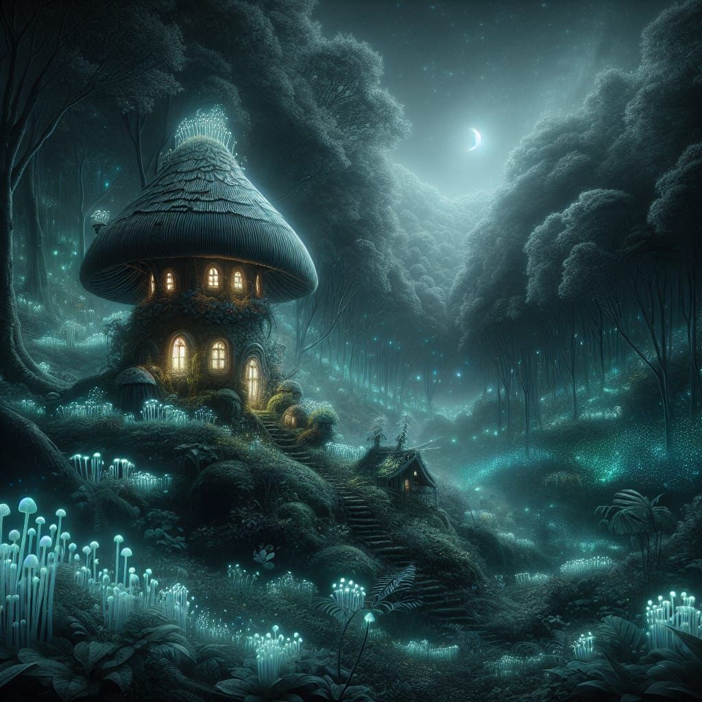 Enchanted Bioluminescent Forest with Fairy Mushroom House