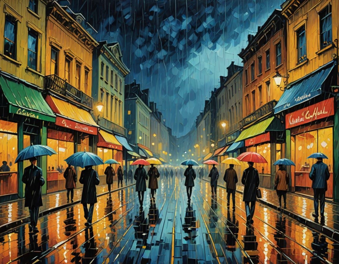 Rainy Night Cityscape in Expressive Oil Painting Style