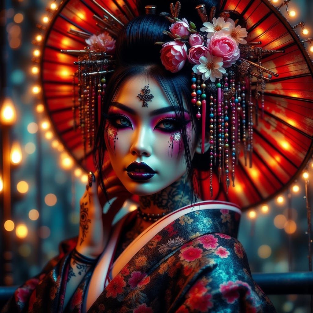 Cyberpunk Geisha Portrait in Vibrant Colors
