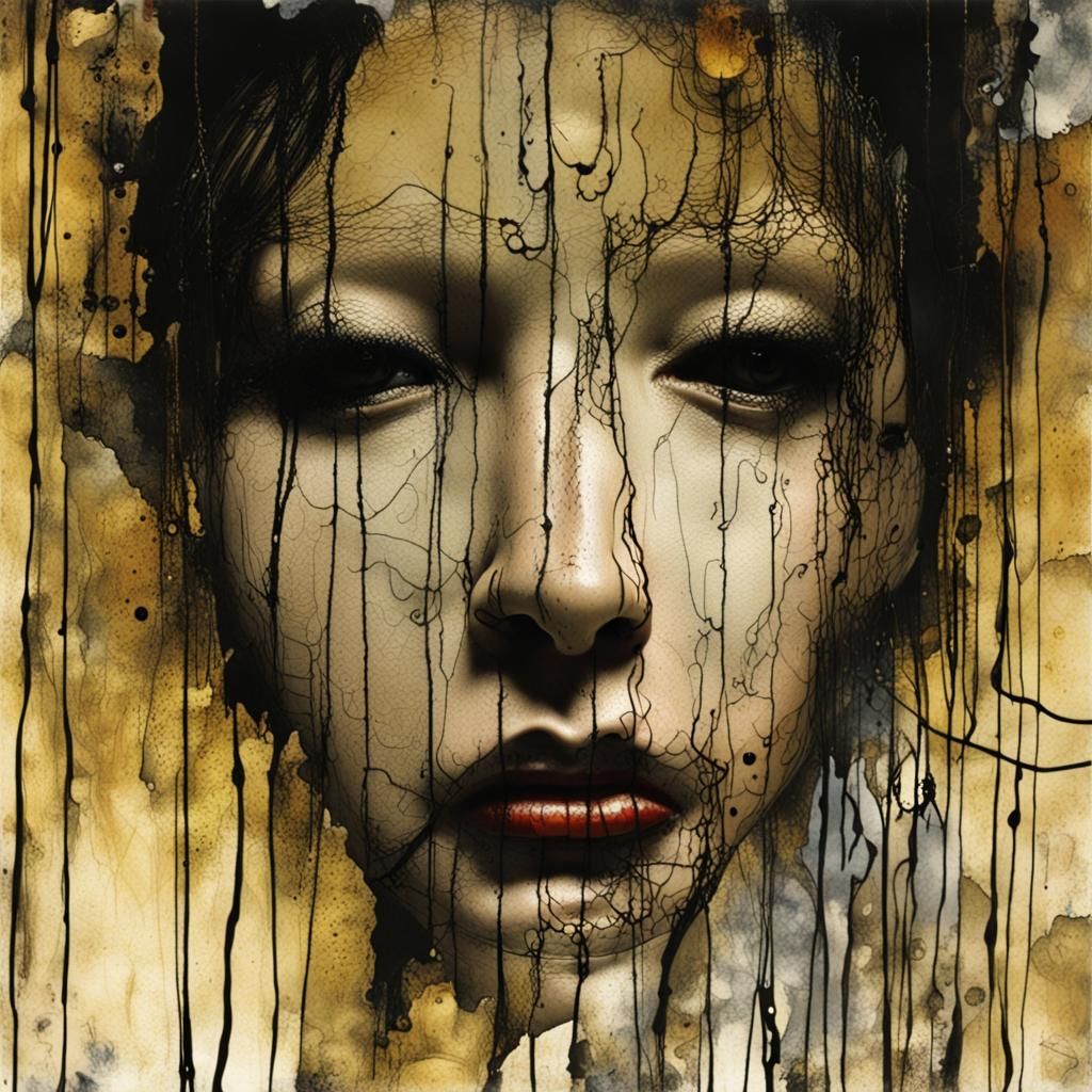 Claymation Portrait with Ink Drips in Mixed Media