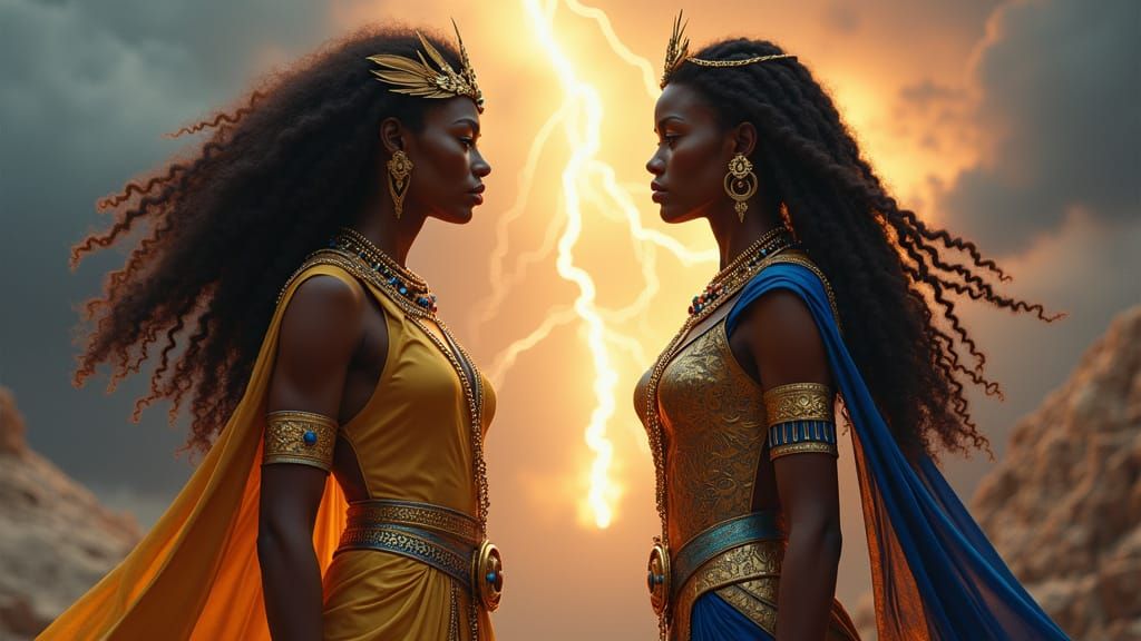 Goddesses Hera and Isis Confrontation in Divine Radiance